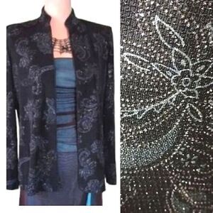VTG 90s Black Metallic Paisley Floral Zip Front Formal Disco Coat Medium